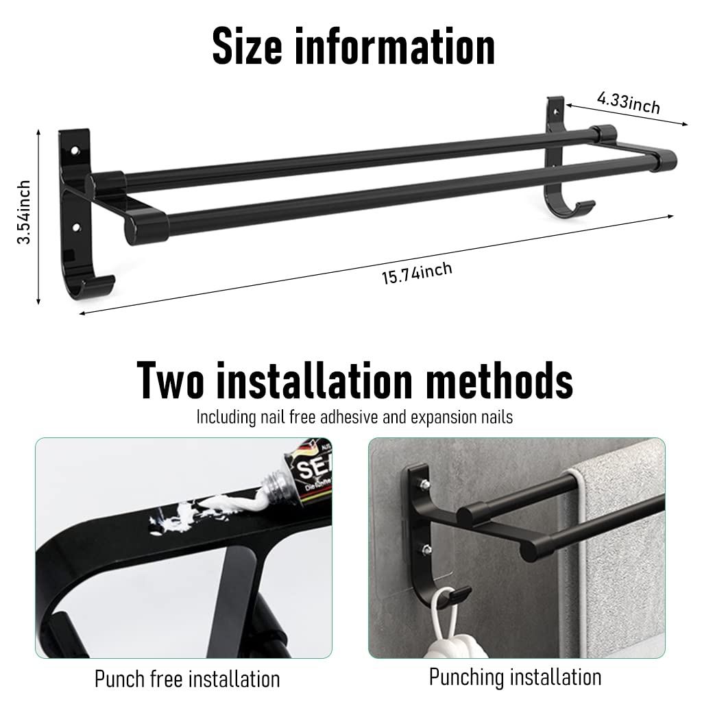 HASTHIP 15.7 Inch Aluminum Bathroom Towel Rack Towel Rod Towel Hanger Towel Bar Bath Accessories, Double-Pole Towel Stand with Hooks, Rustproof Towel Storage Wall Mount for Bathroom Lavatory (Black) HASTHIP 15.7 Inch Aluminum Bathroom Towel Rack Towel Rod Towel Hanger Towel Bar Bath Accessories, Double-Pole Towel Stand with Hooks, Rustproof Towel Storage Wall Mount for Bathroom Lavatory (Black)